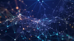 Netz aus leuchtenden Linien vor einem blauen, weltraumartigen Hintergrund als Symbolbild für digitale Vernetzung
