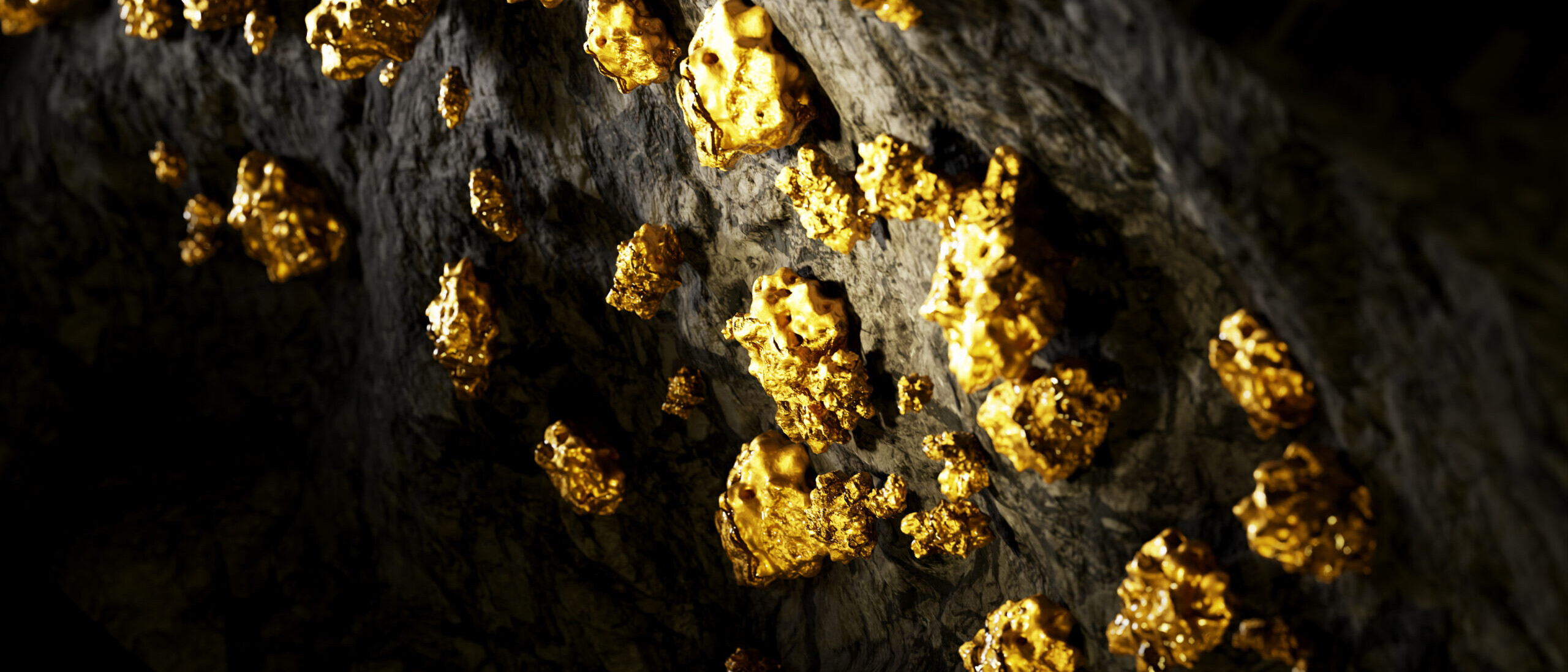 Minenwand voller Goldnuggets. Schatz in der Mine gefunden. Goldenes Erz.