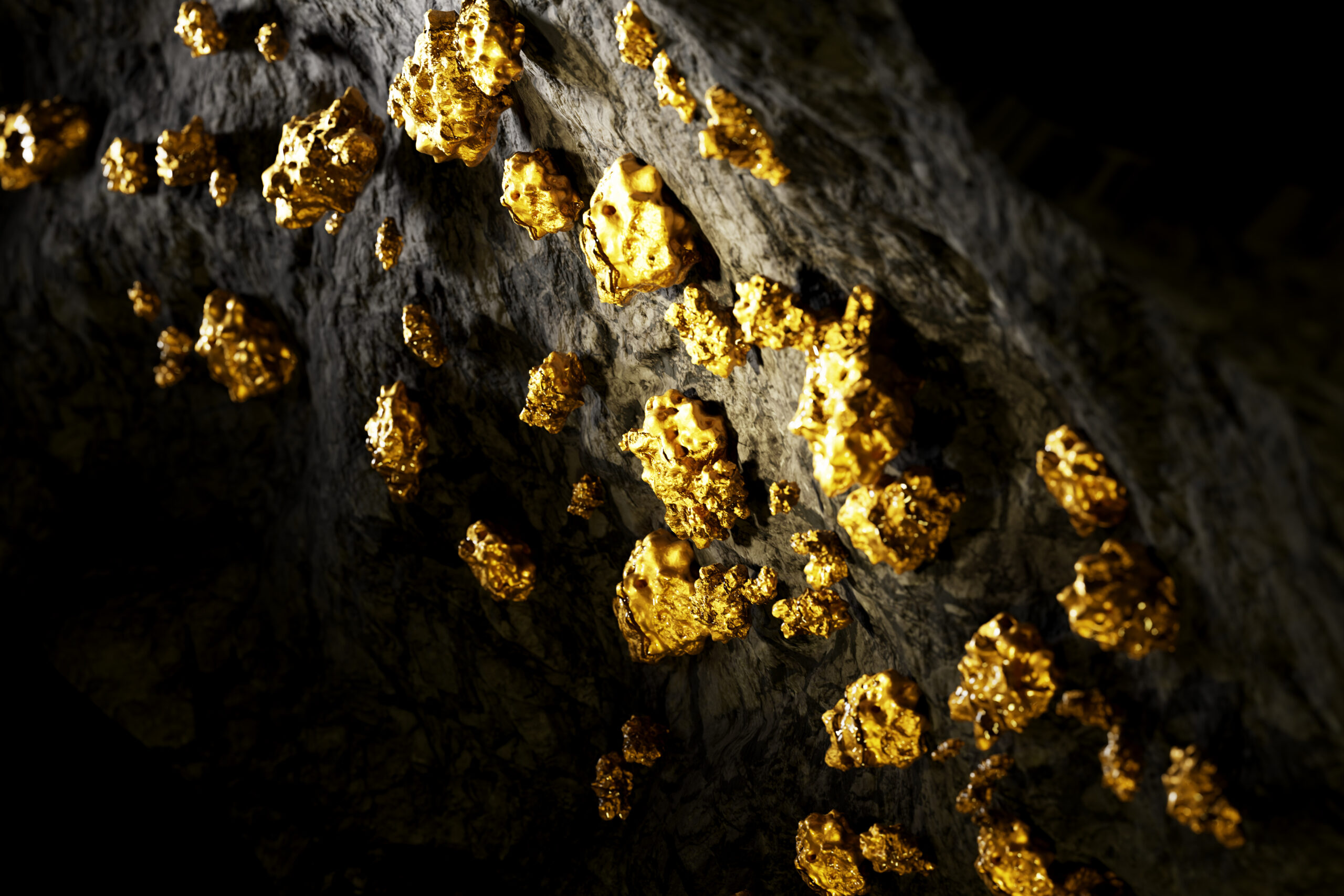 Minenwand voller Goldnuggets. Schatz in der Mine gefunden. Goldenes Erz.